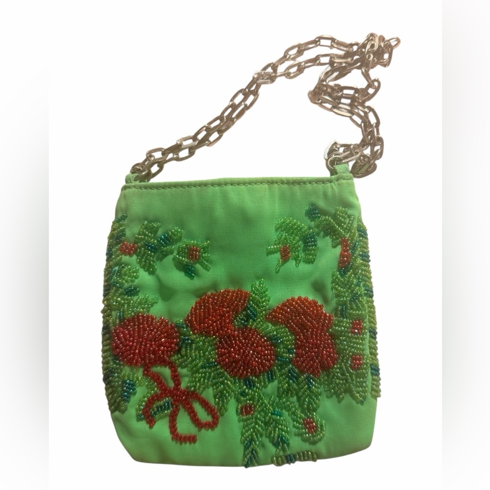 Vintage Cami Beaded Mini Bag Green Floral Chain Strap Y2K Evening Purse